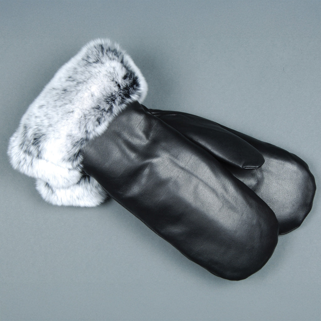 Women's Black Leather Mitt with Rex Rabbit Trim