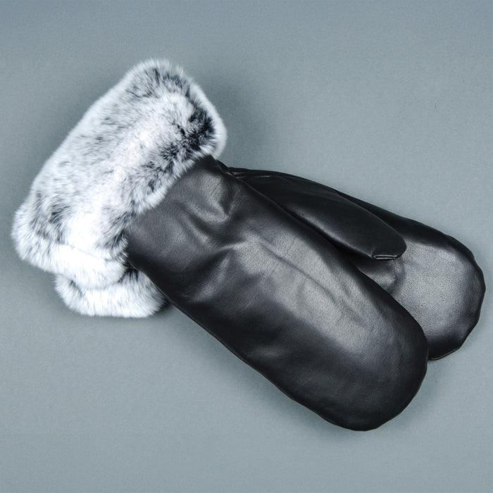 Women's Black Leather Mitt with Rex Rabbit Trim