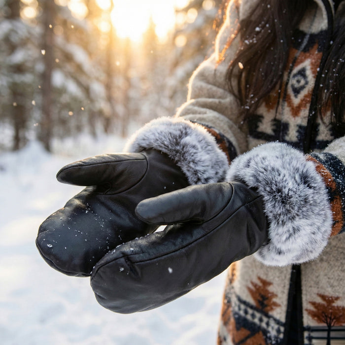 Women's Black Leather Mitt with Rex Rabbit Trim