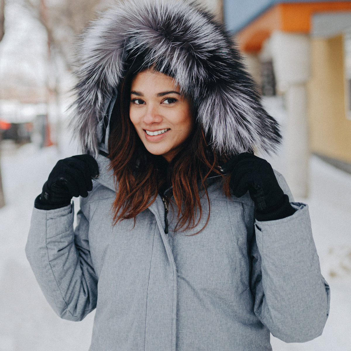 Fur Trim Contrast Lined Faux Fur Hood Parka Coat Silver Fox Fur