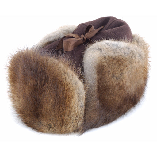 RCMP STYLE MUSKRAT HAT winnipeg Muskrat fur hat with brown melton cloth top and outside fur ear flaps pic 2