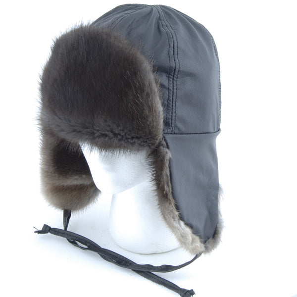 Natural Black Muskrat Aviator Fur Hat Black / XL