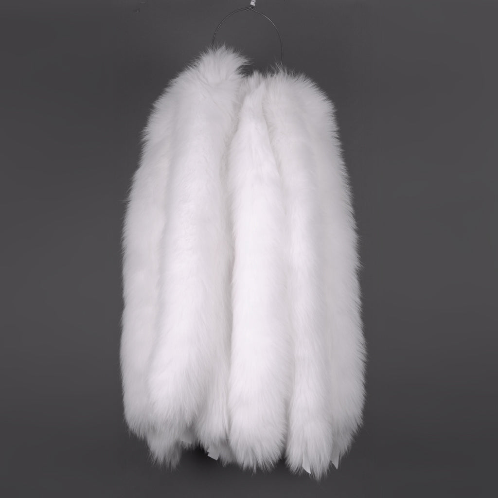 white fox fur hood trim gray background